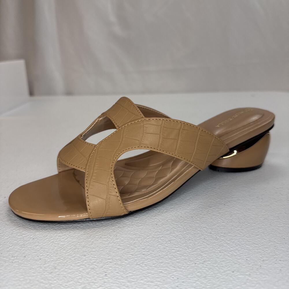 NEWBELLA Women's Croc Embossed Low Block Heel Slide Sandals Mule Tan Camel Sz 9